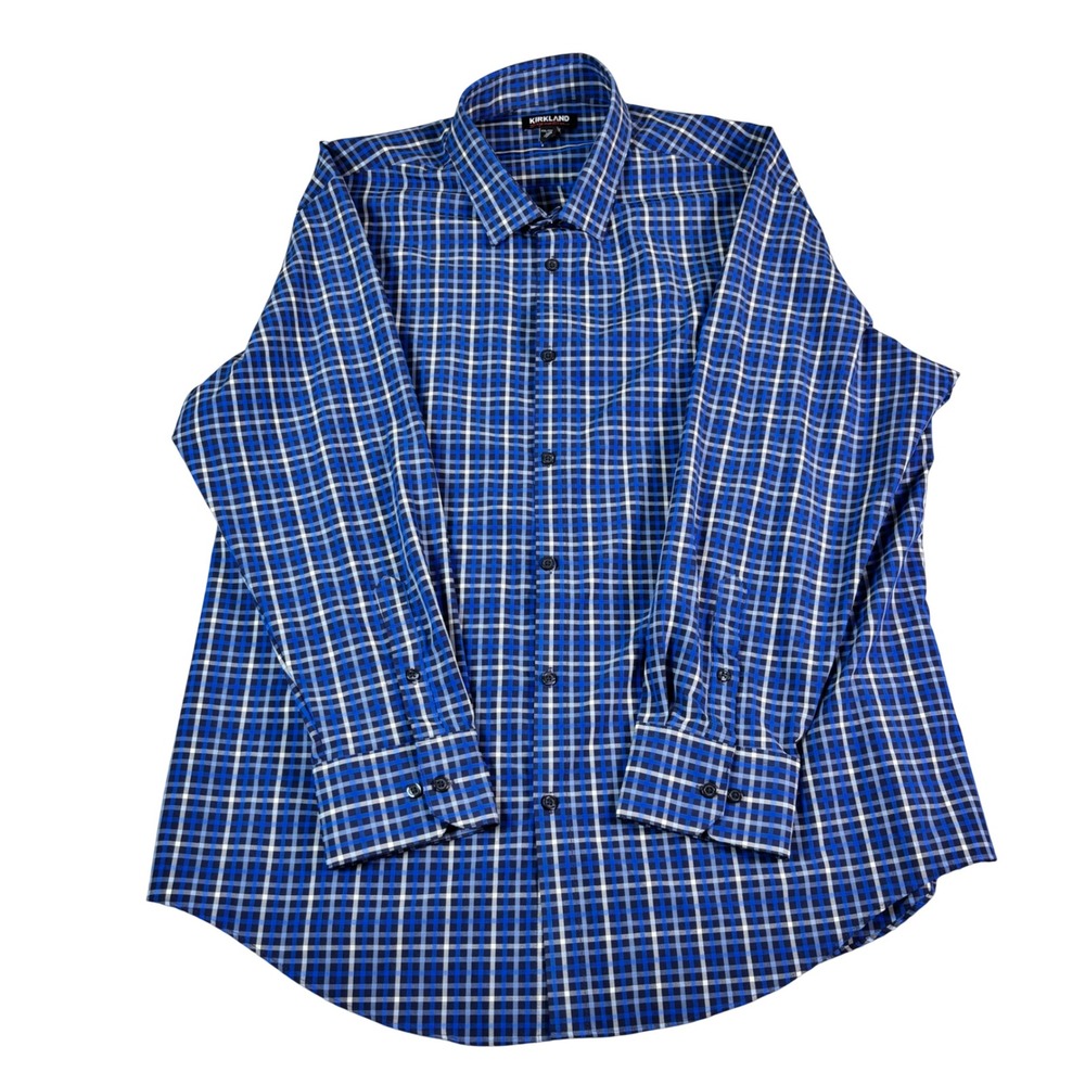Kirkland Signature Mens XXL Blue Plaid LS Button Down Shirt 18-18.5 34/35 2XL